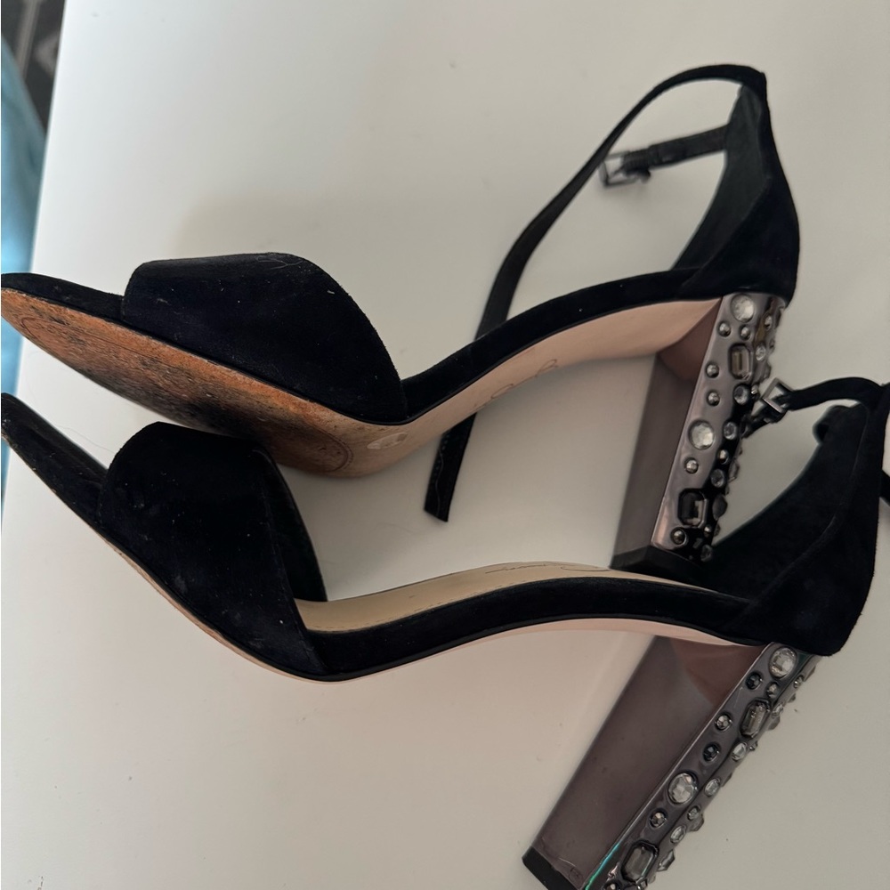 Elegant Black Heels with Embellished Block Heel